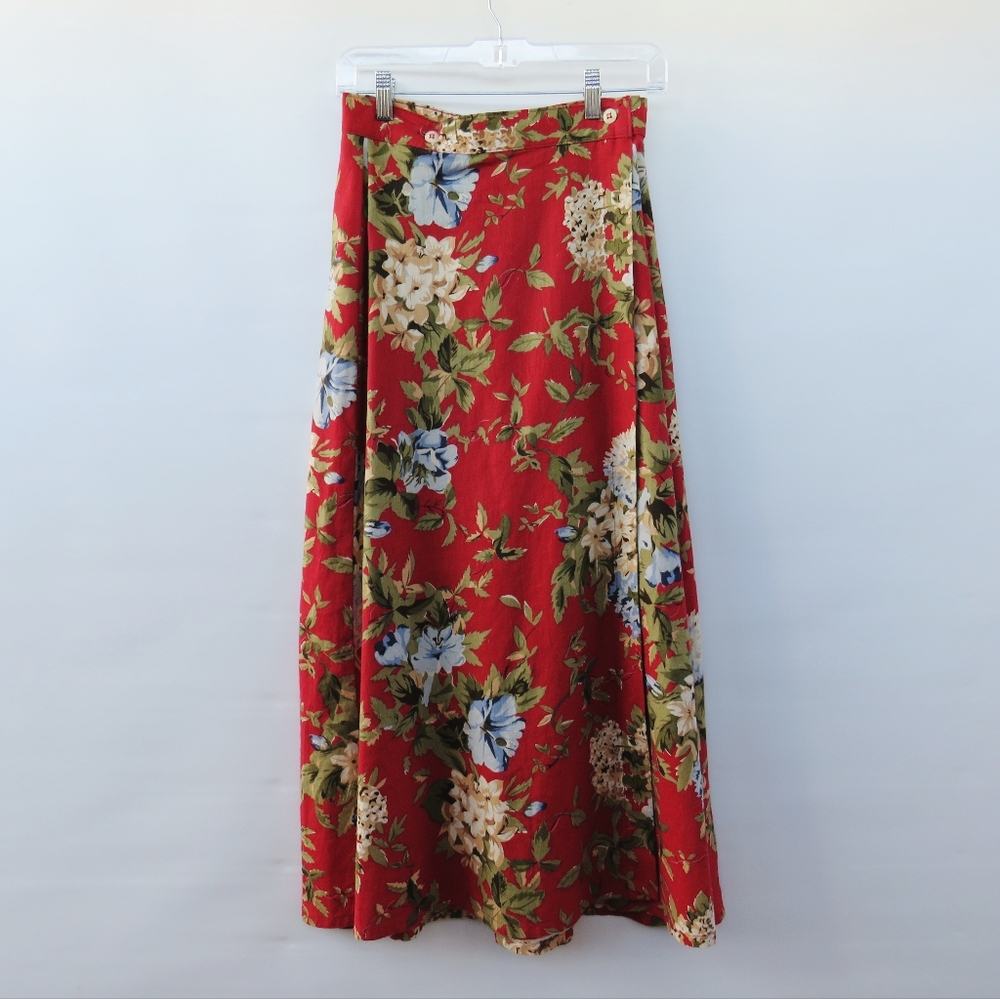 Ruff Hewn Red Floral Midi Skirt